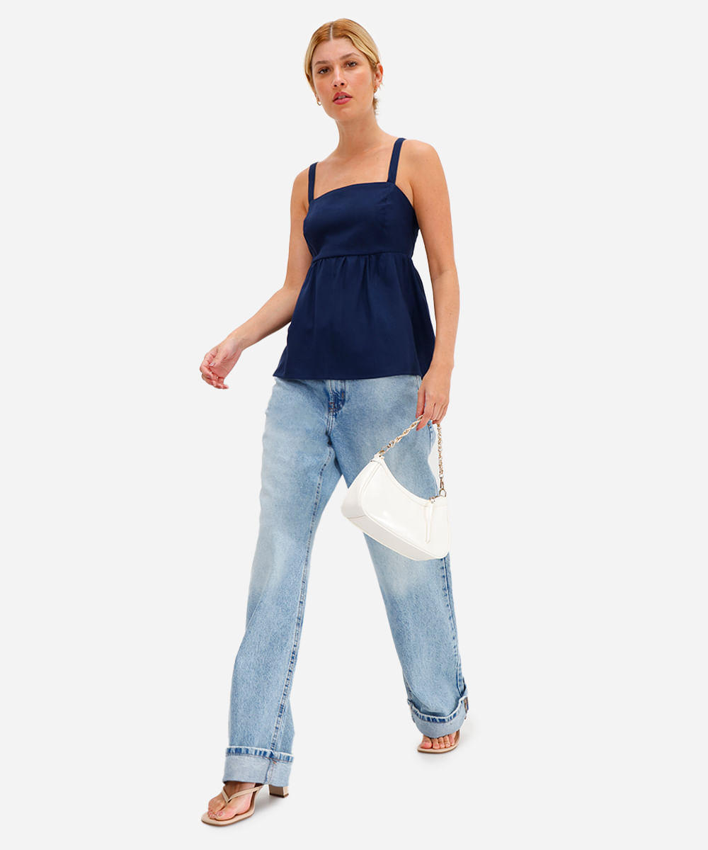bata feminina com linho decote quadrado azul