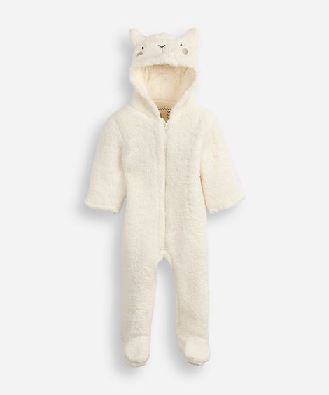 macacão longo de fleece infantil com capuz ovelhinha off white