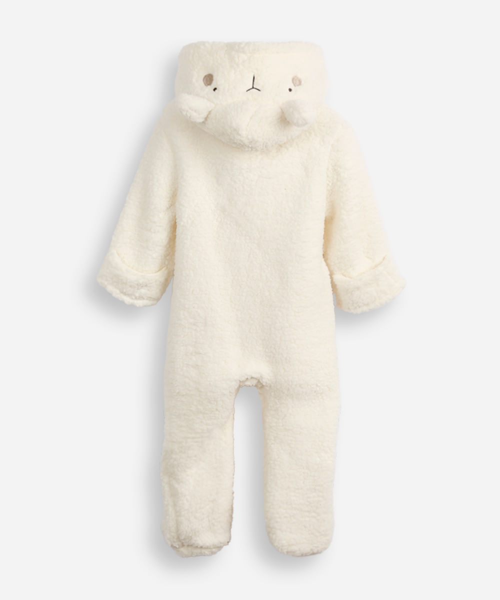 macacão longo de fleece infantil com capuz ovelhinha off white