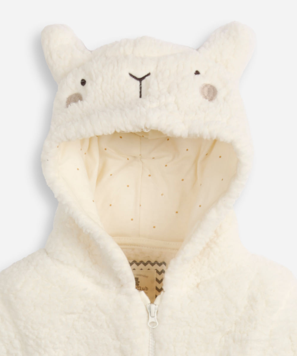 macacão longo de fleece infantil com capuz ovelhinha off white