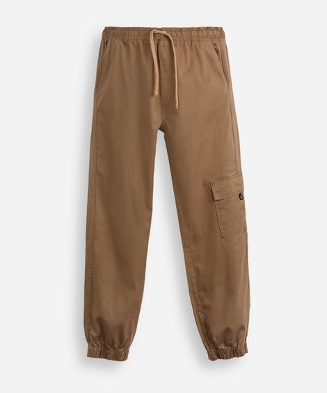calça jogger juvenil de sarja com bolso cargo marrom