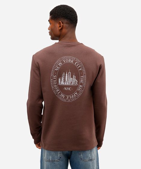 camiseta masculina de algodão manga longa new york marrom