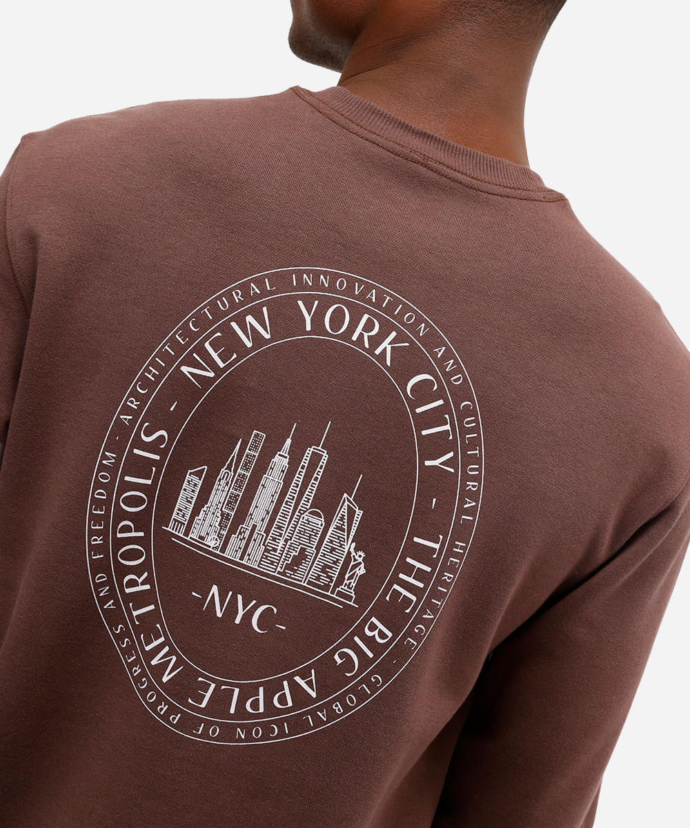 camiseta masculina de algodão manga longa new york marrom