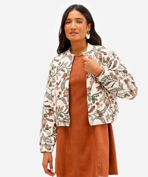jaqueta bomber feminina de suede floral bege