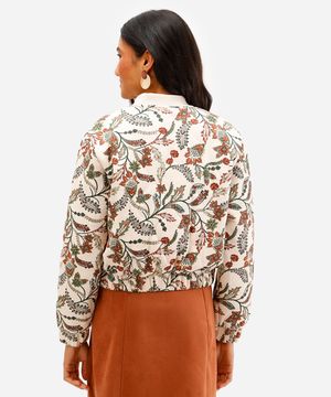 jaqueta bomber feminina de suede floral bege