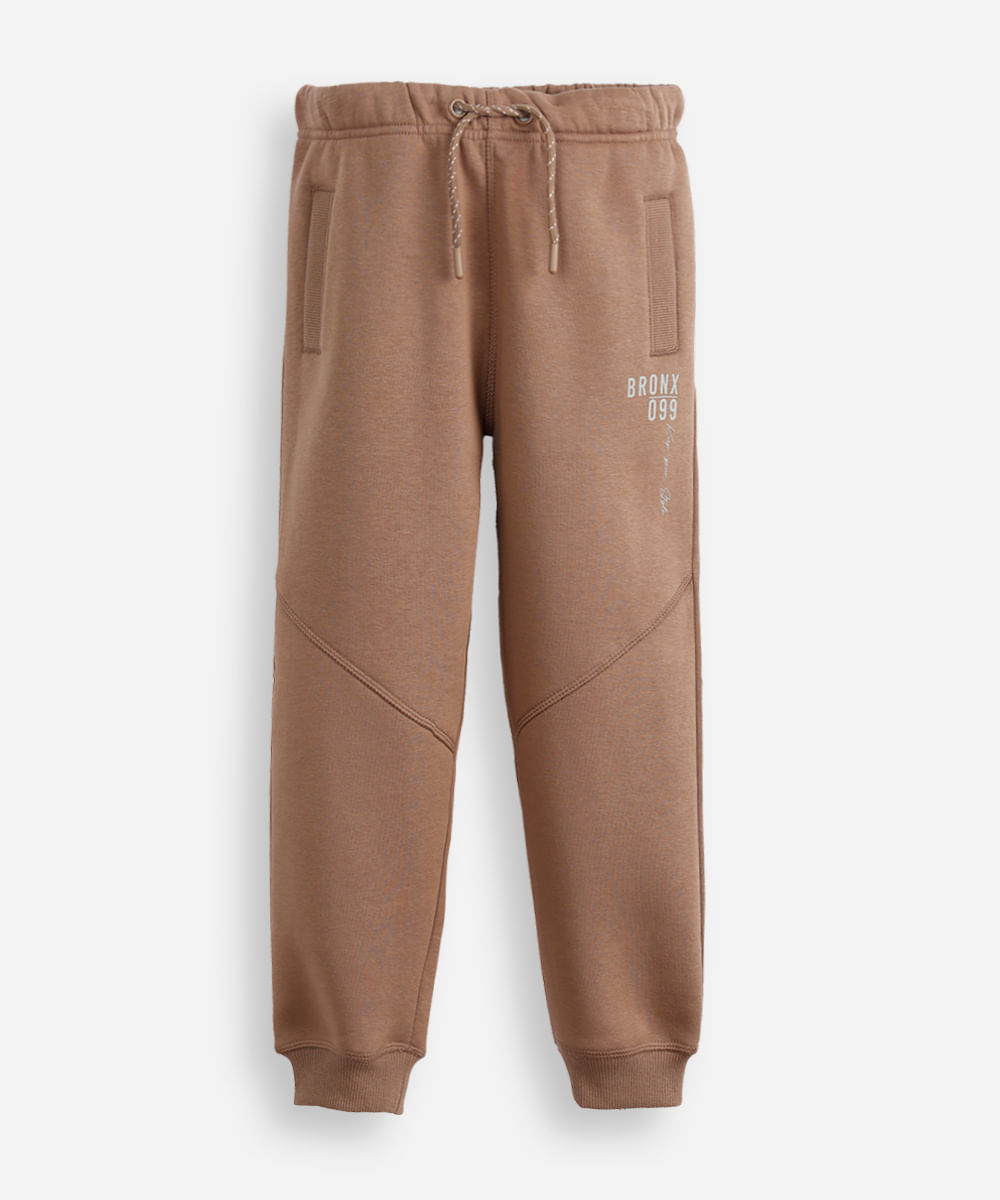 calça jogger infantil de moletom com recortes marrom