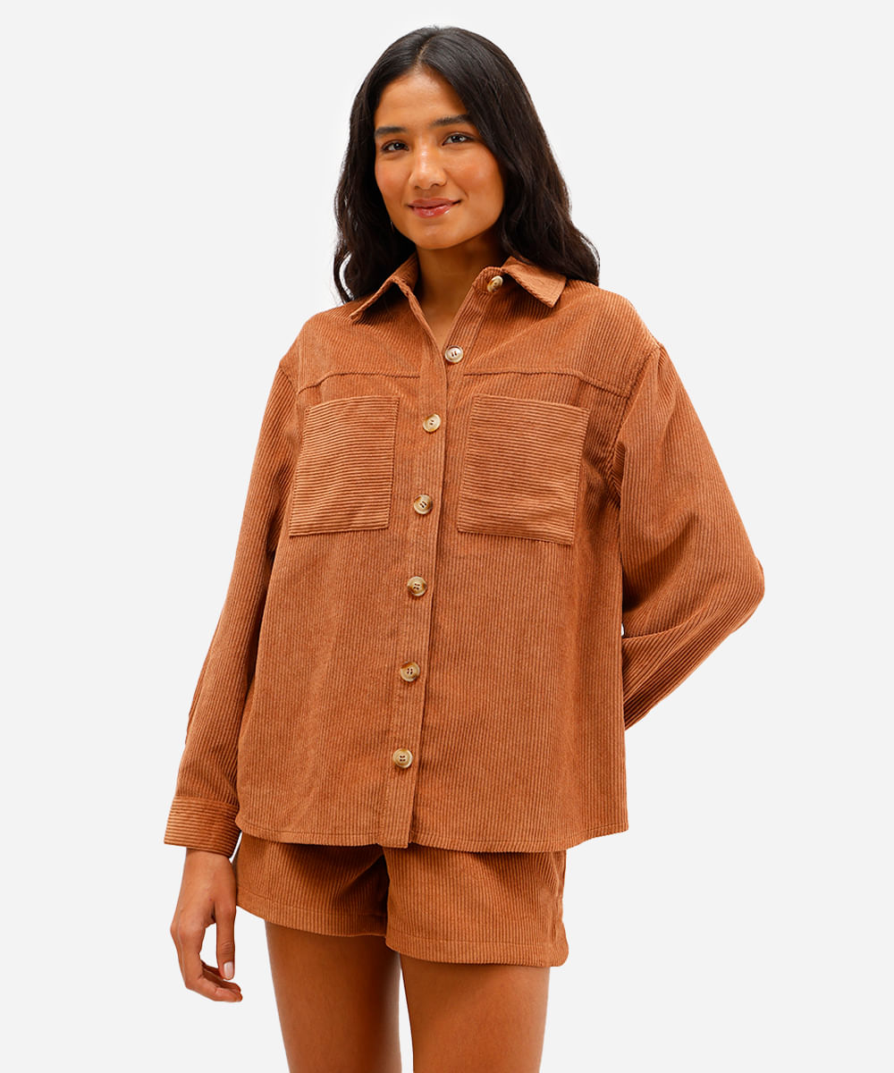 camisa shacket feminina veludo cotelê manga longa marrom
