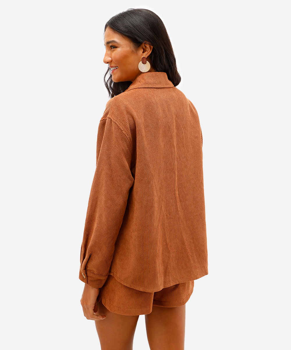 camisa shacket feminina veludo cotelê manga longa marrom