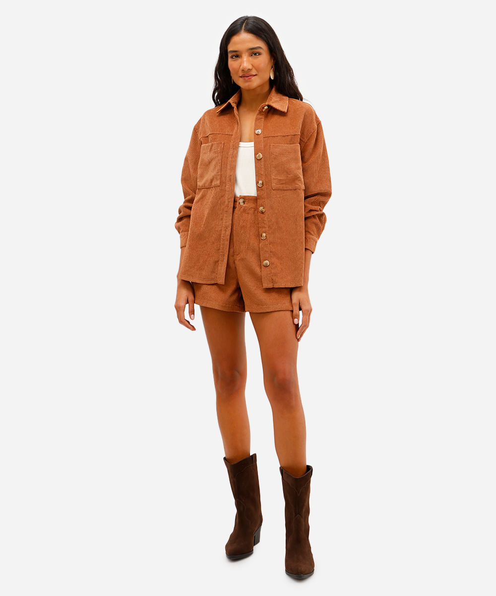 camisa shacket feminina veludo cotelê manga longa marrom