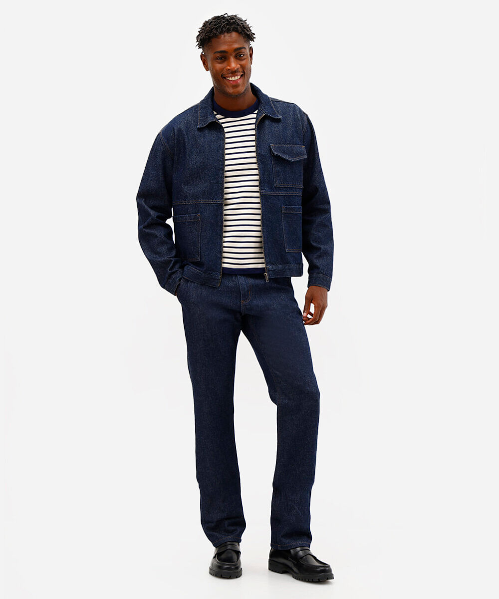 calça reta masculina jeans azul