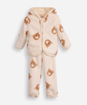 conjunto infantil longo de fleece com capuz ursinho off white