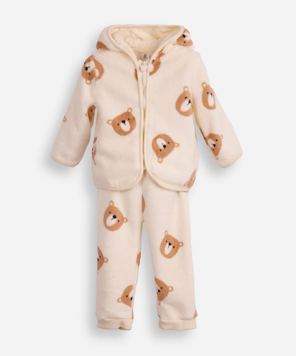 conjunto infantil longo de fleece com capuz ursinho off white