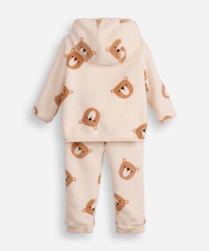 conjunto infantil longo de fleece com capuz ursinho off white