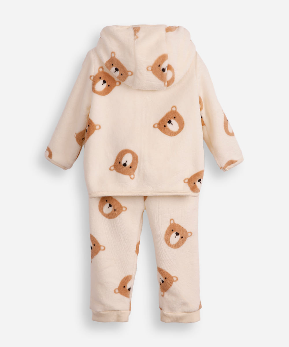 conjunto infantil longo de fleece com capuz ursinho off white