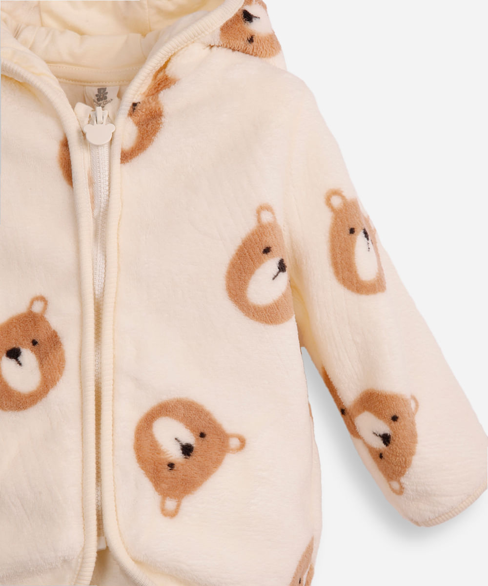 conjunto infantil longo de fleece com capuz ursinho off white