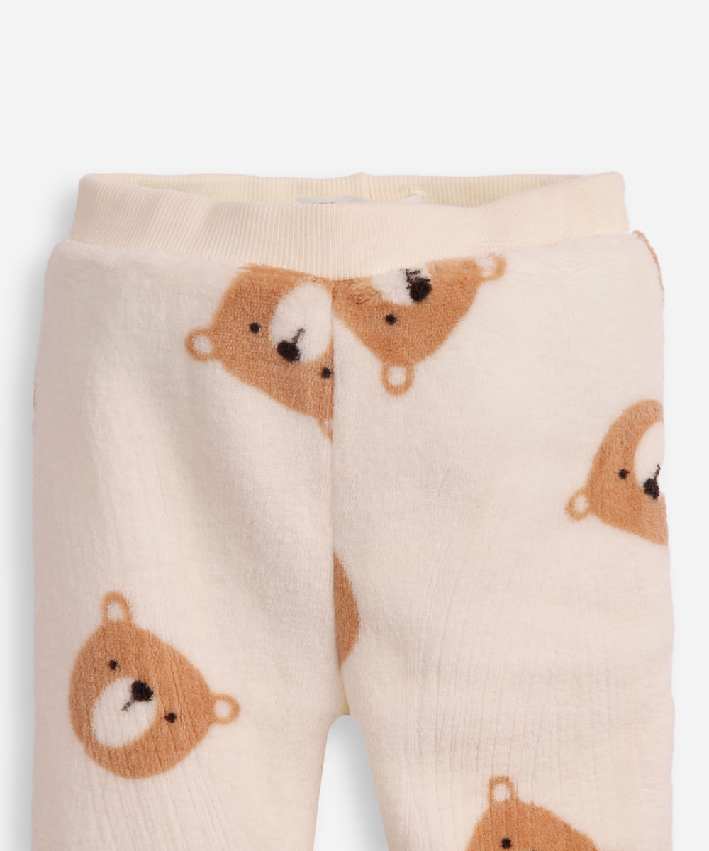 conjunto infantil longo de fleece com capuz ursinho off white