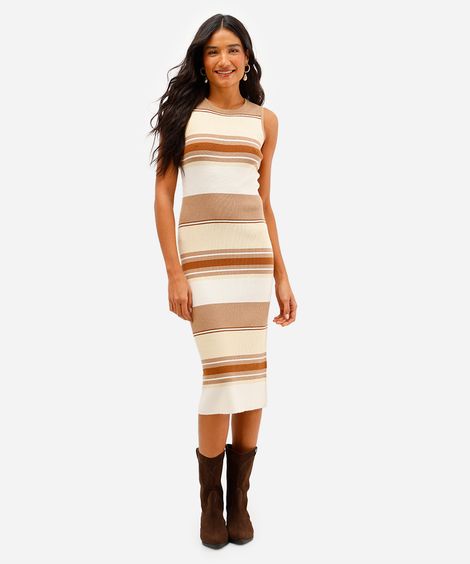vestido midi feminino de tricot listrado marrom