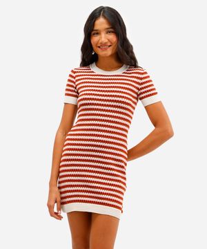 vestido de tricot curto listrado bege
