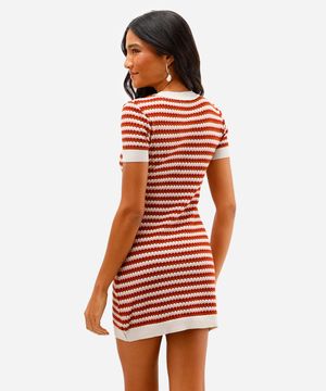 vestido de tricot curto listrado bege