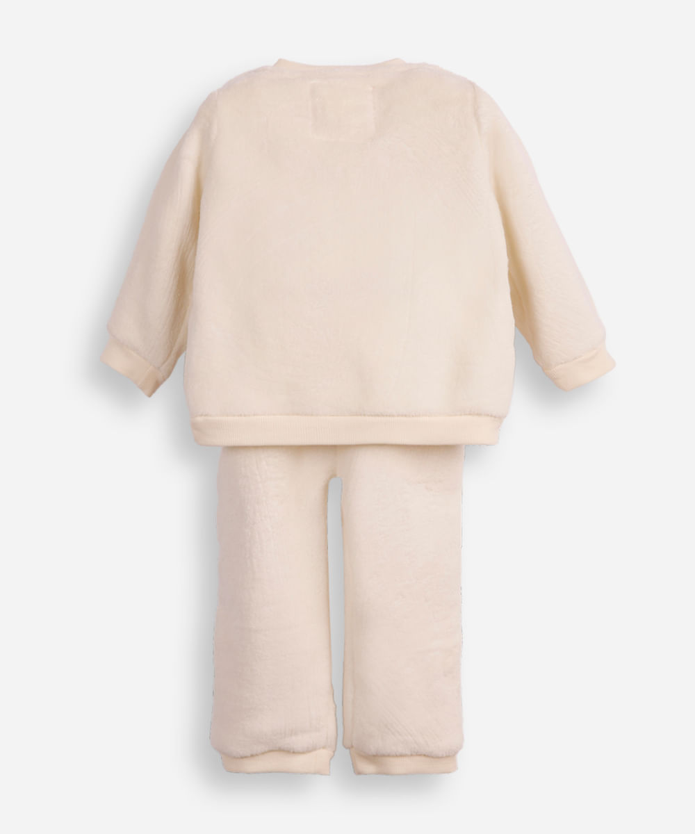 conjunto infantil longo de fleece coelhinho off white