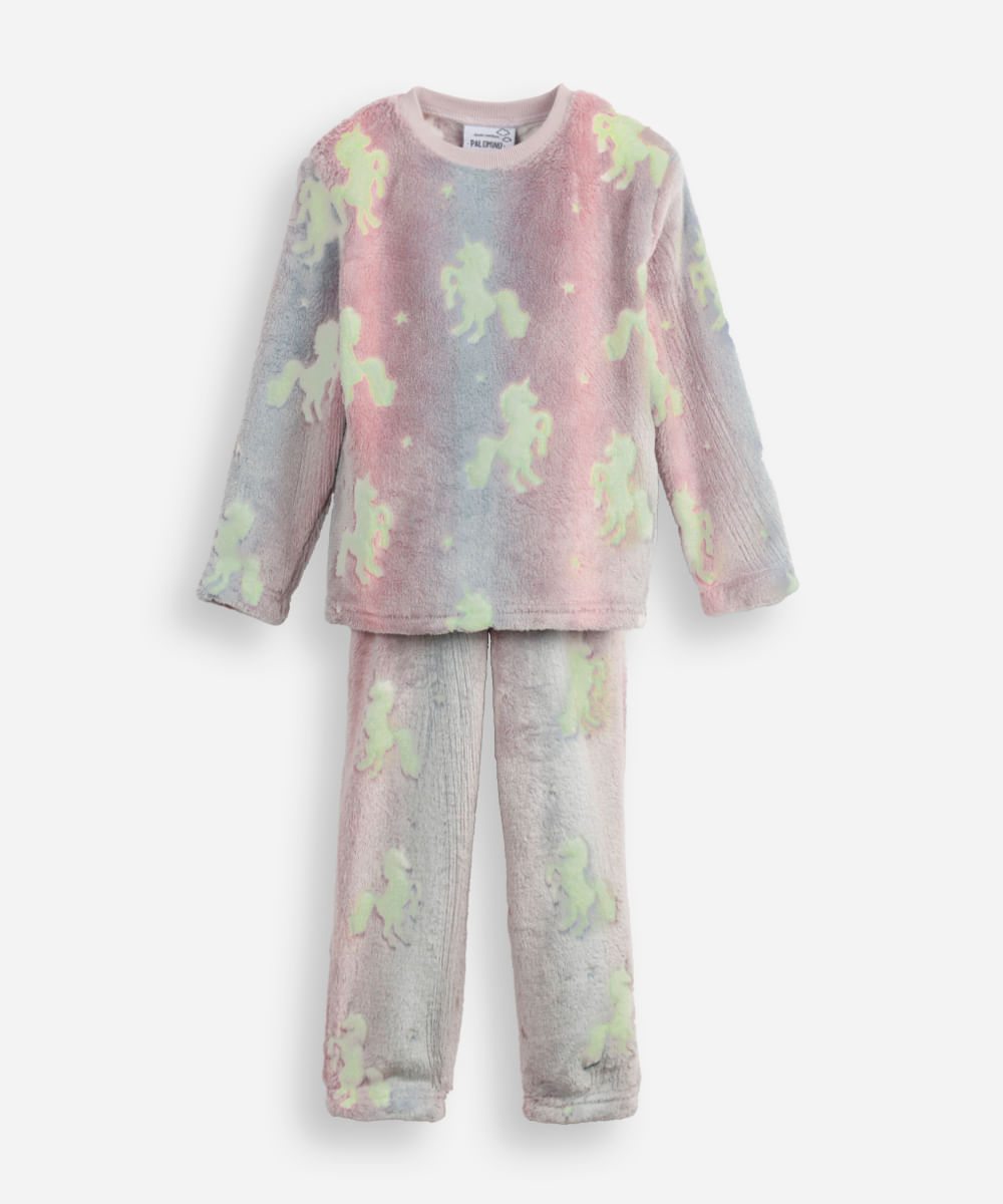 pijama longo infantil de fleece unicórnio brilha no escuro colorida