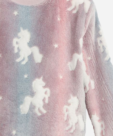 pijama longo infantil de fleece unicórnio brilha no escuro colorida