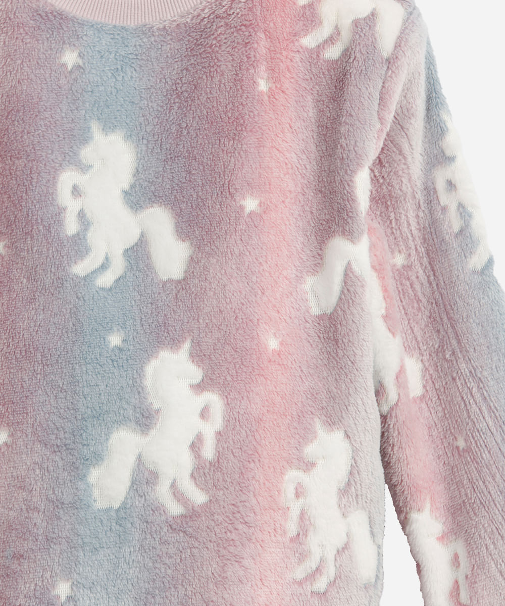 pijama longo infantil de fleece unicórnio brilha no escuro colorida