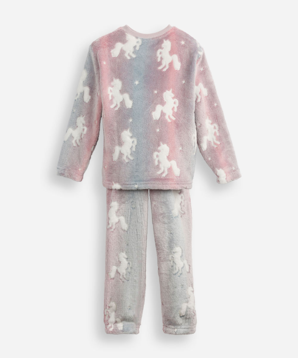 pijama longo infantil de fleece unicórnio brilha no escuro colorida