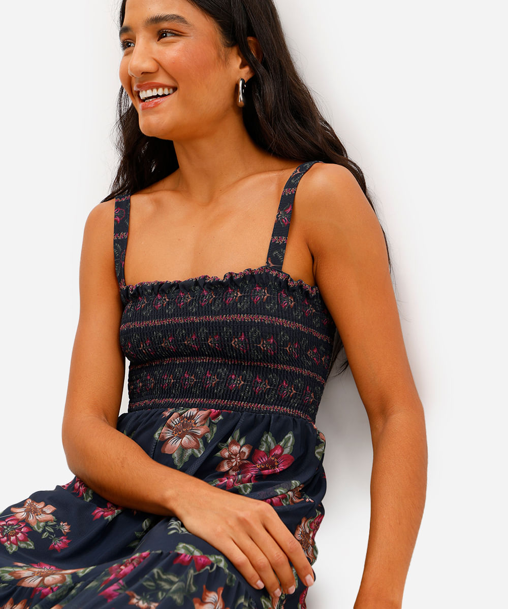 vestido longo feminino de tule floral azul