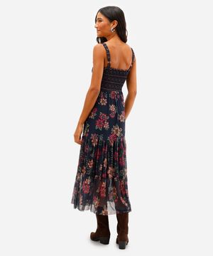 vestido longo feminino de tule floral azul