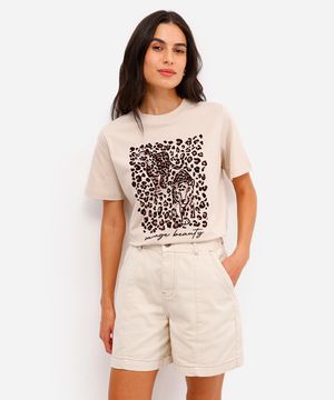 camiseta feminina de algodão animal print texturizada bege