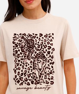 camiseta feminina de algodão animal print texturizada bege