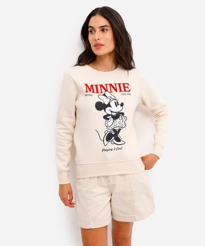 blusão feminino de moletom minnie mouse bege