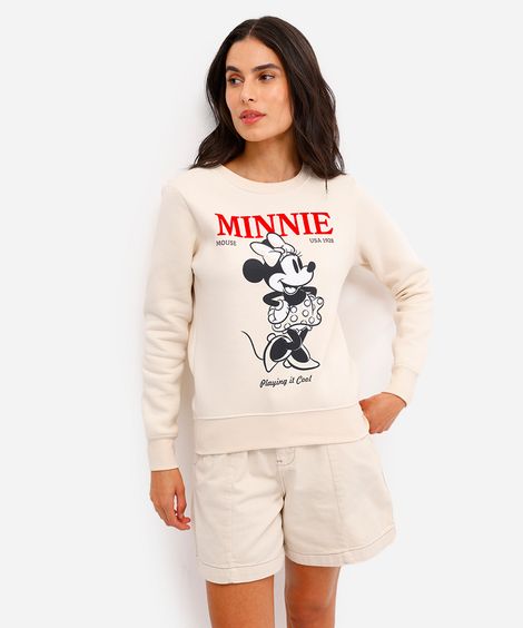 blusão feminino de moletom minnie mouse bege