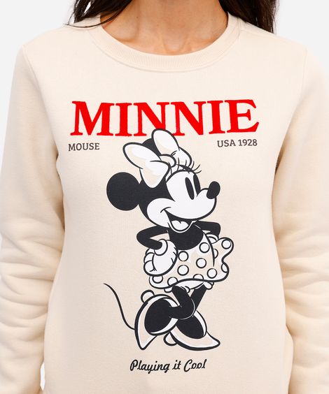 blusão feminino de moletom minnie mouse bege