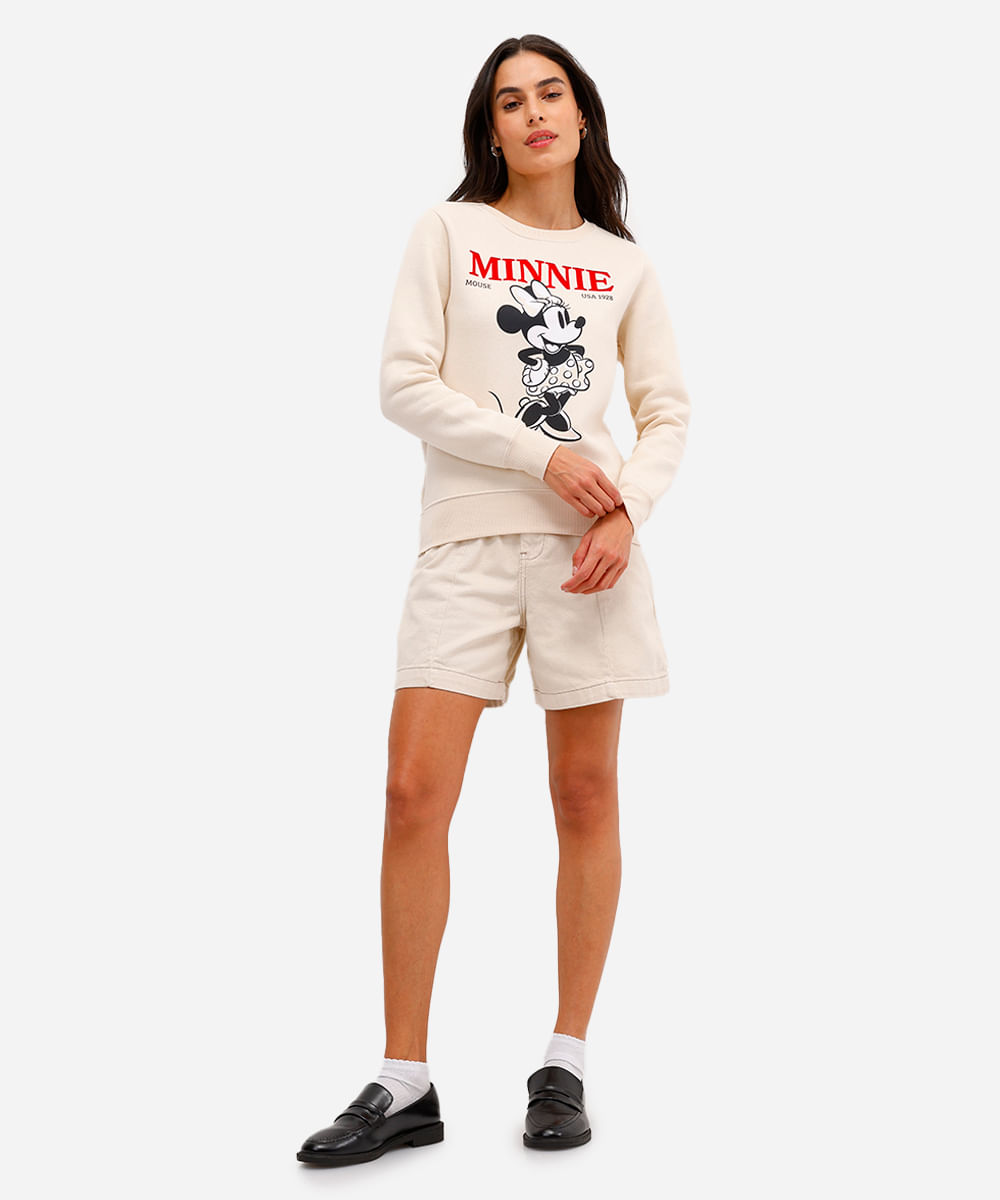 blusão feminino de moletom minnie mouse bege