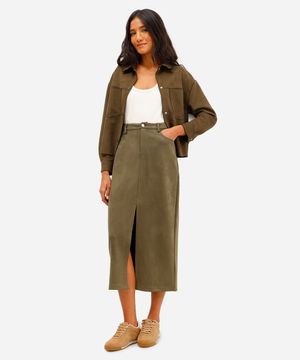 saia midi feminina de suede com fenda verde