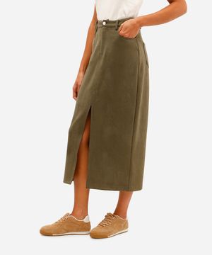 saia midi feminina de suede com fenda verde