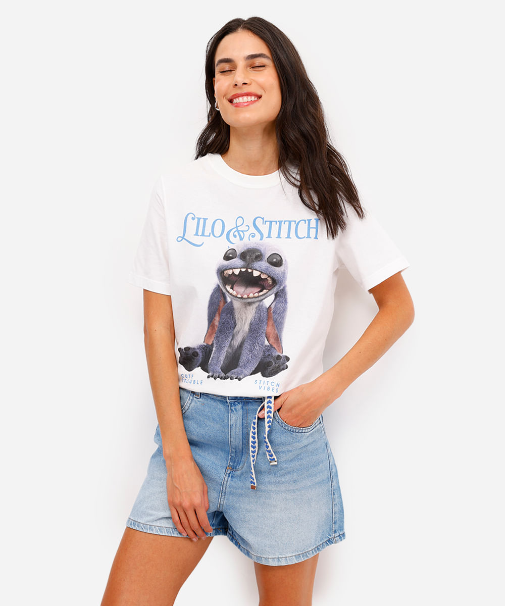 camiseta feminina de algodão lilo e stitch off white