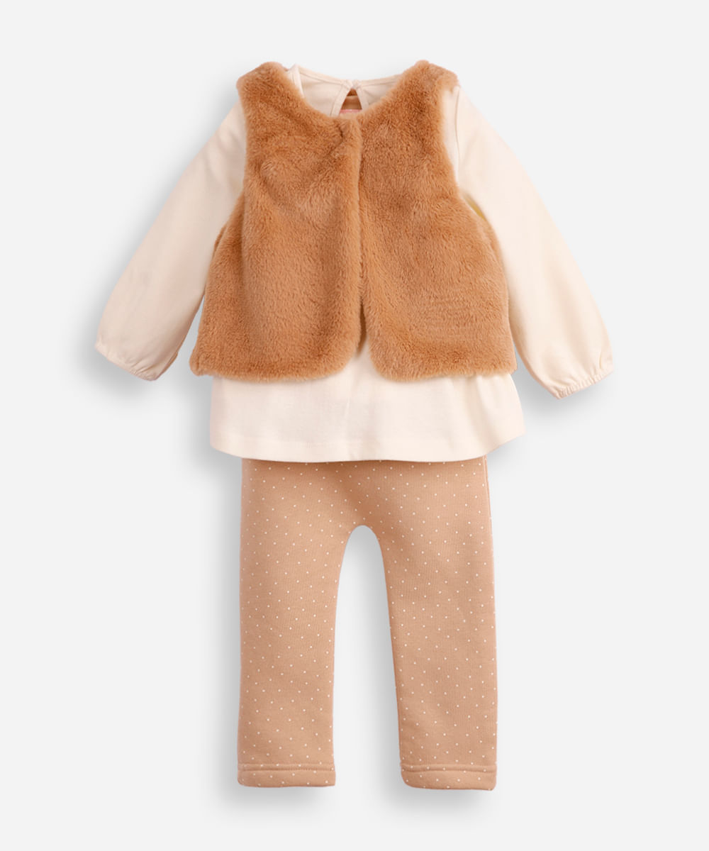 conjunto de algodão infantil longo com colete bege
