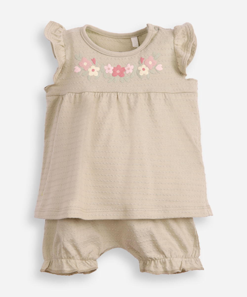 conjunto curto infantil texturizado floral verde