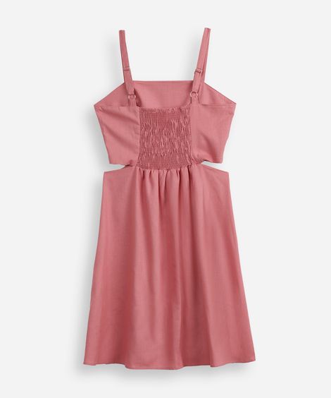 vestido com linho curto recortes juvenil rosa