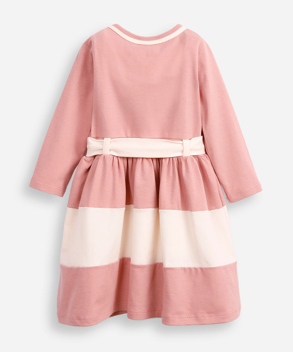 vestido infantil de algodão manga longa com faixa listrado rosa