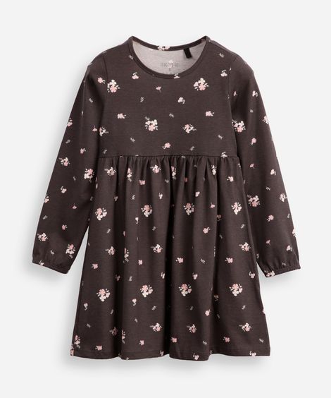 vestido infantil de algodão manga longa floral cinza