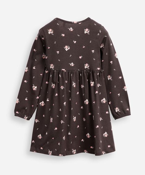 vestido infantil de algodão manga longa floral cinza