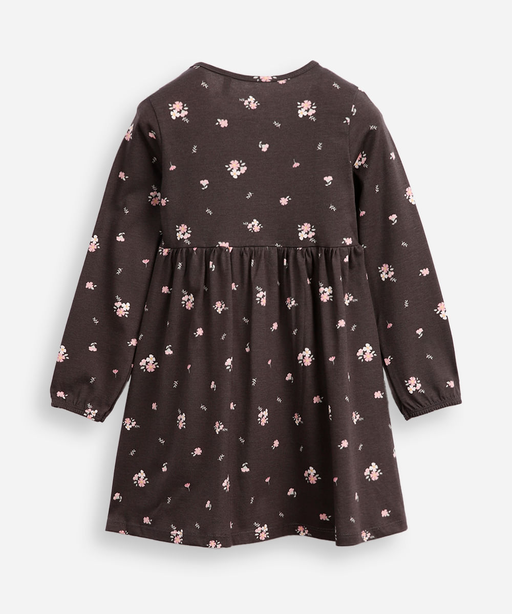 vestido infantil de algodão manga longa floral cinza
