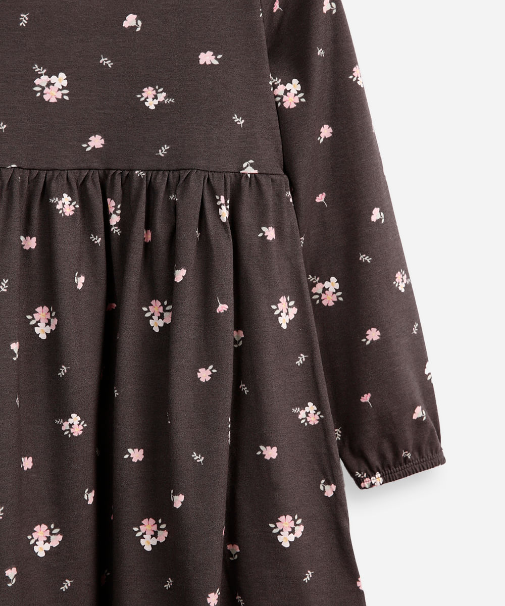 vestido infantil de algodão manga longa floral cinza
