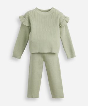 conjunto infantil longo de tricot texturizado com babado verde