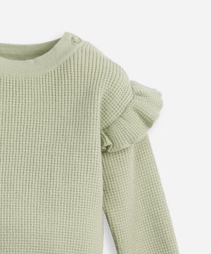 conjunto infantil longo de tricot texturizado com babado verde