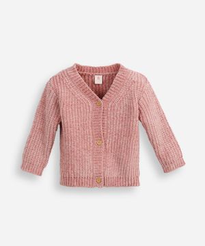 cardigan infantil de tricot chenille decote v rosa